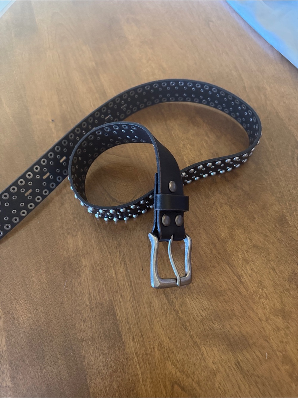 Source Unknown Black Leather Studded Belt with Silver Buckle